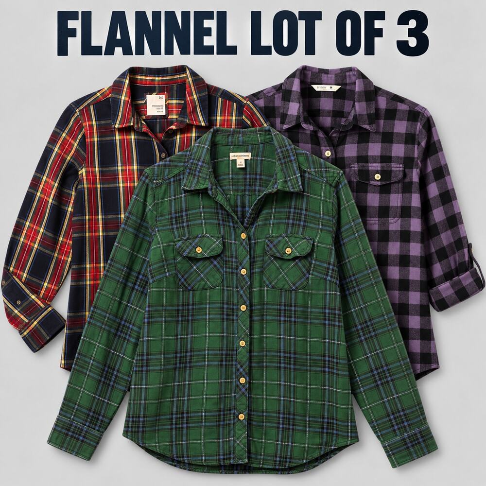 Womens Flannel Shirt Lot 3 Size M Plaid Navy Red Purple Green Button Up Grunge